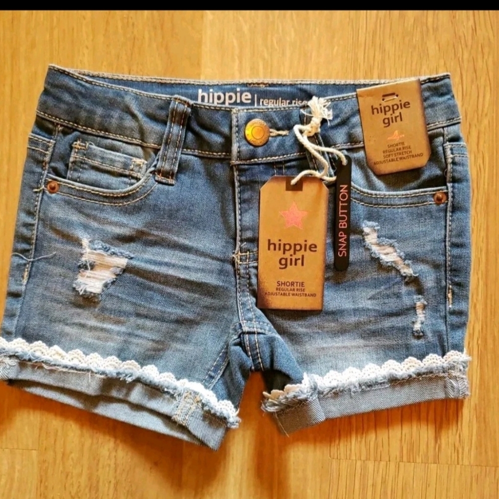 Hippie Girl Denim Shorts Girls Size 4 Shortie Reg-Rise Stretch Lace Trim